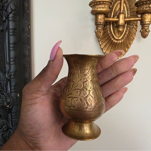 Vintage Small India Brass Etched Decorative Vase 3.25” Tall - Picture 1 of 9